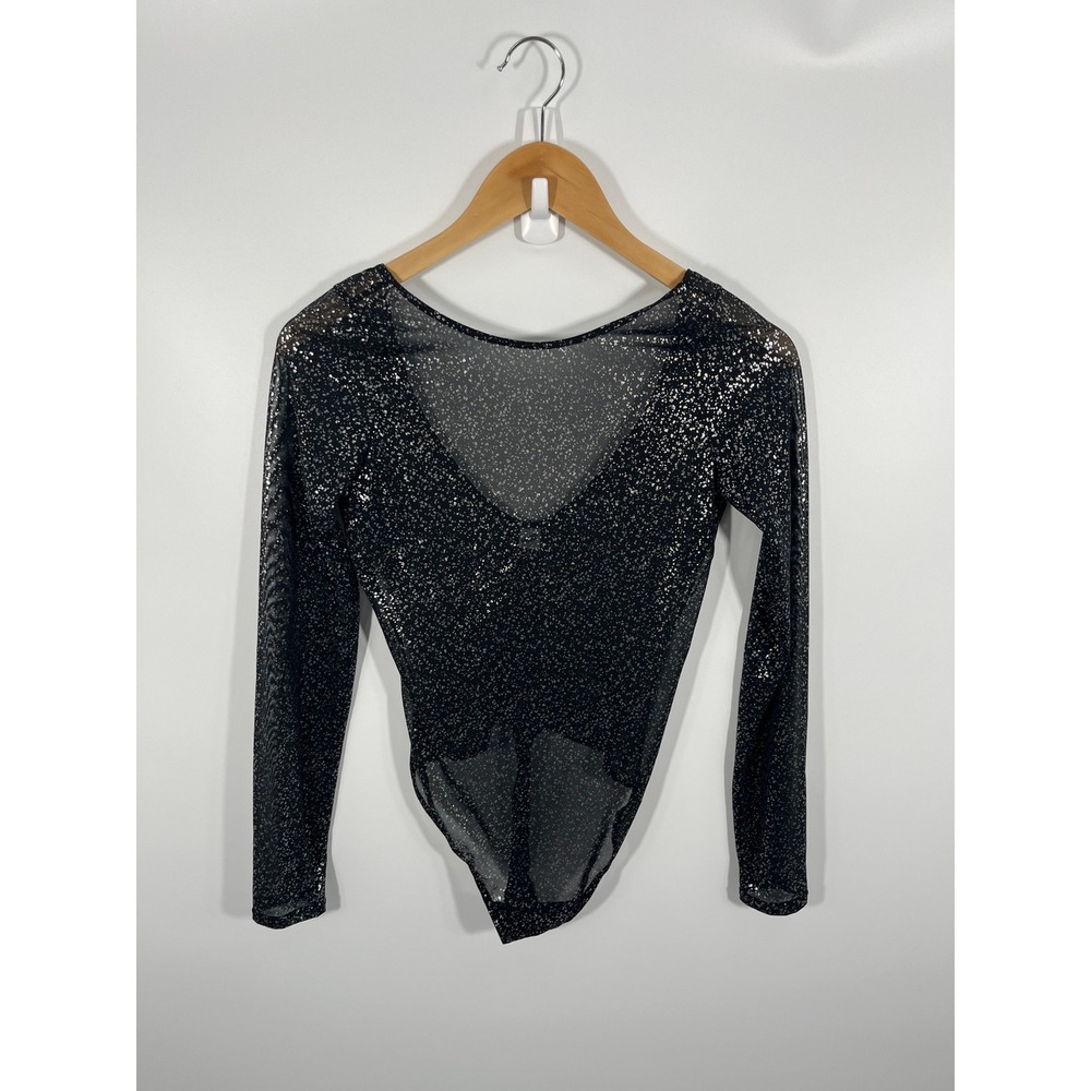 Womens Bodysuit M Black Shimmer Sparkle Sheer Going Out Party Festival Rave